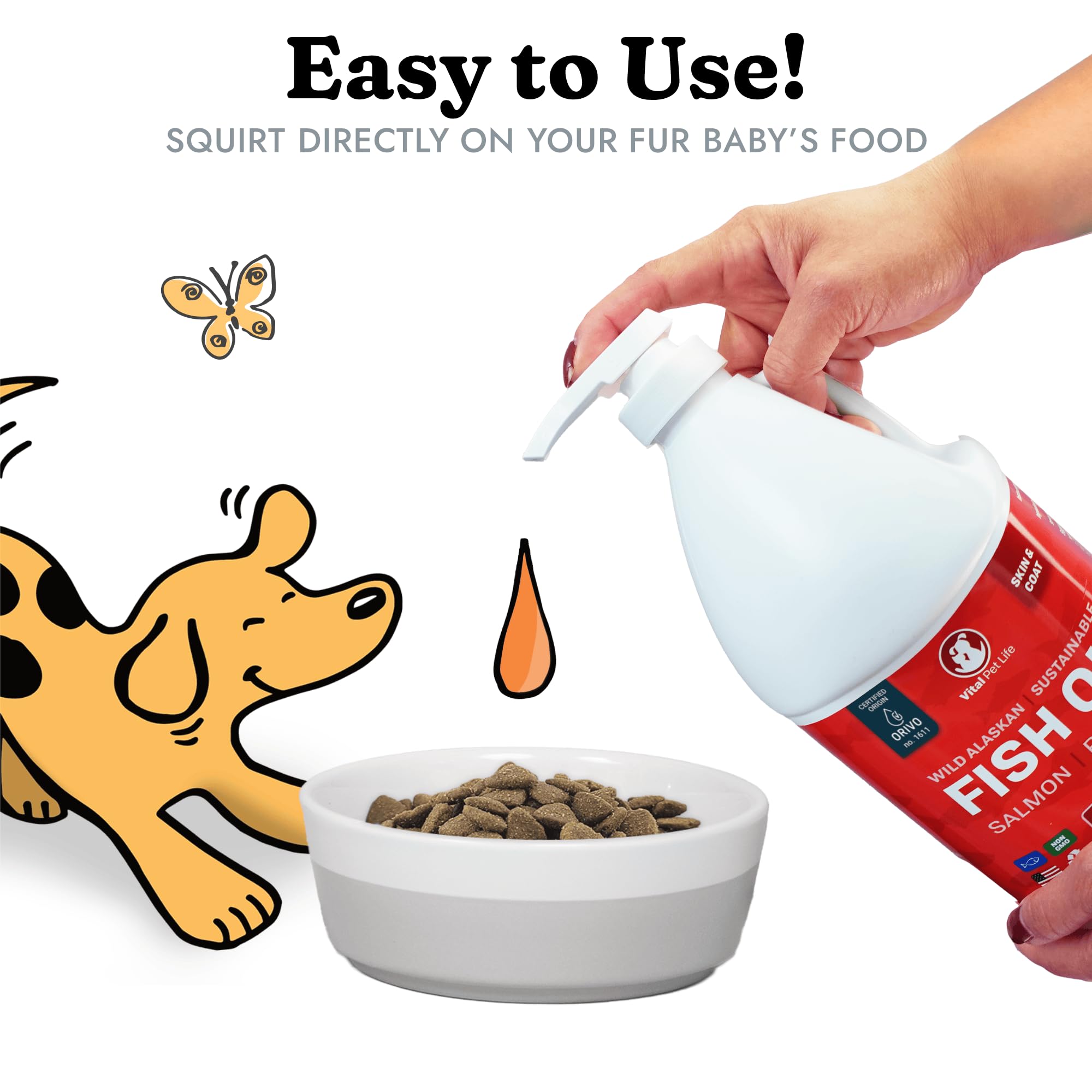 Vital Pet Life Fish Oil added to dog food demonstrates simple meal integration for shinier coat.