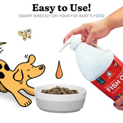 Vital Pet Life Fish Oil added to dog food demonstrates simple meal integration for shinier coat.