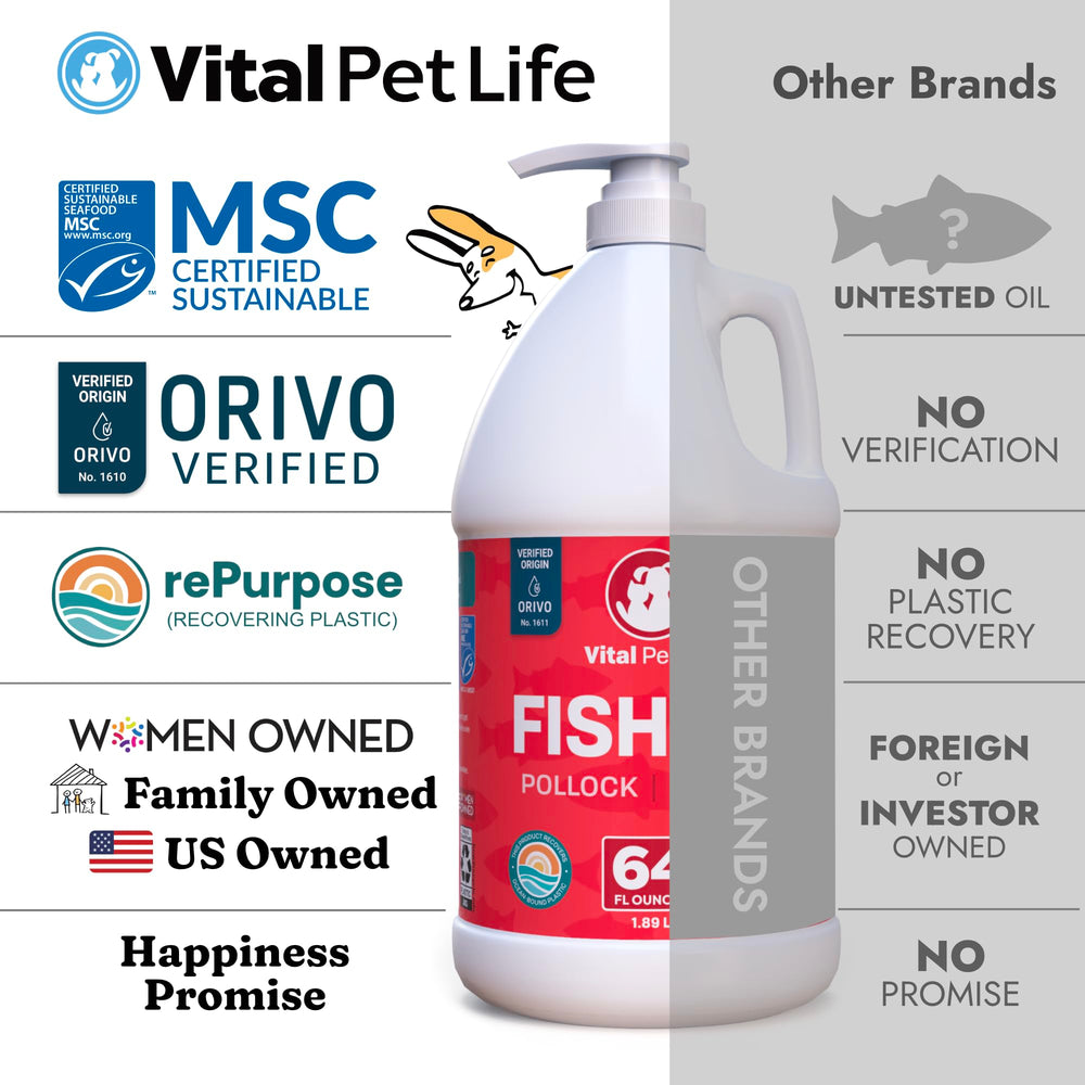 Vital Pet Life fish oil emphasizes sustainably sourced ingredients and ocean-friendly practices.