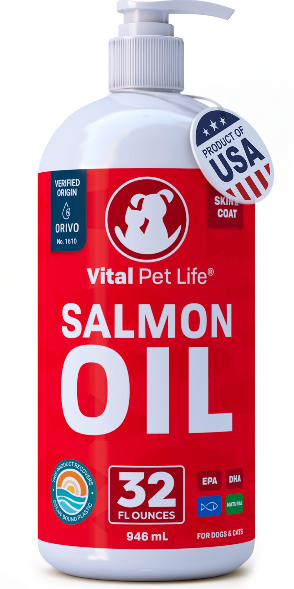 Vital Pet Life salmon oil for dogs promotes a glossy coat and healthy skin.