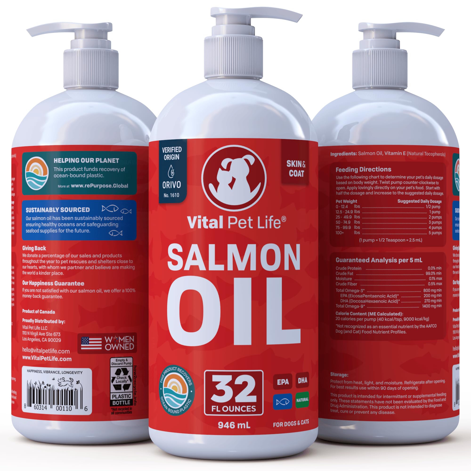 Sustainably sourced Vital Pet Life salmon oil for pets.