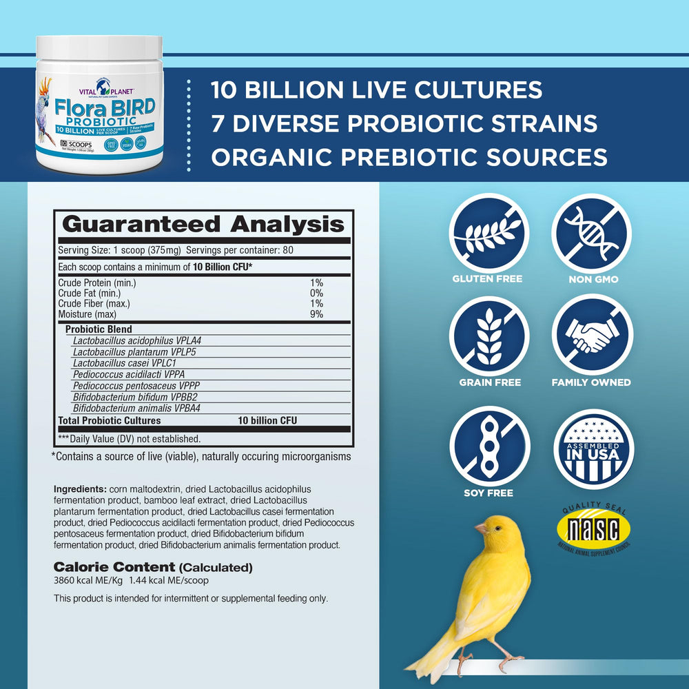 Vital Planet Flora Bird probiotic scoop image showing easy dose mixing into water or food
