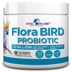 Vital Planet Flora Bird probiotic powder tub front highlighting high potency for bird digestion and immune support