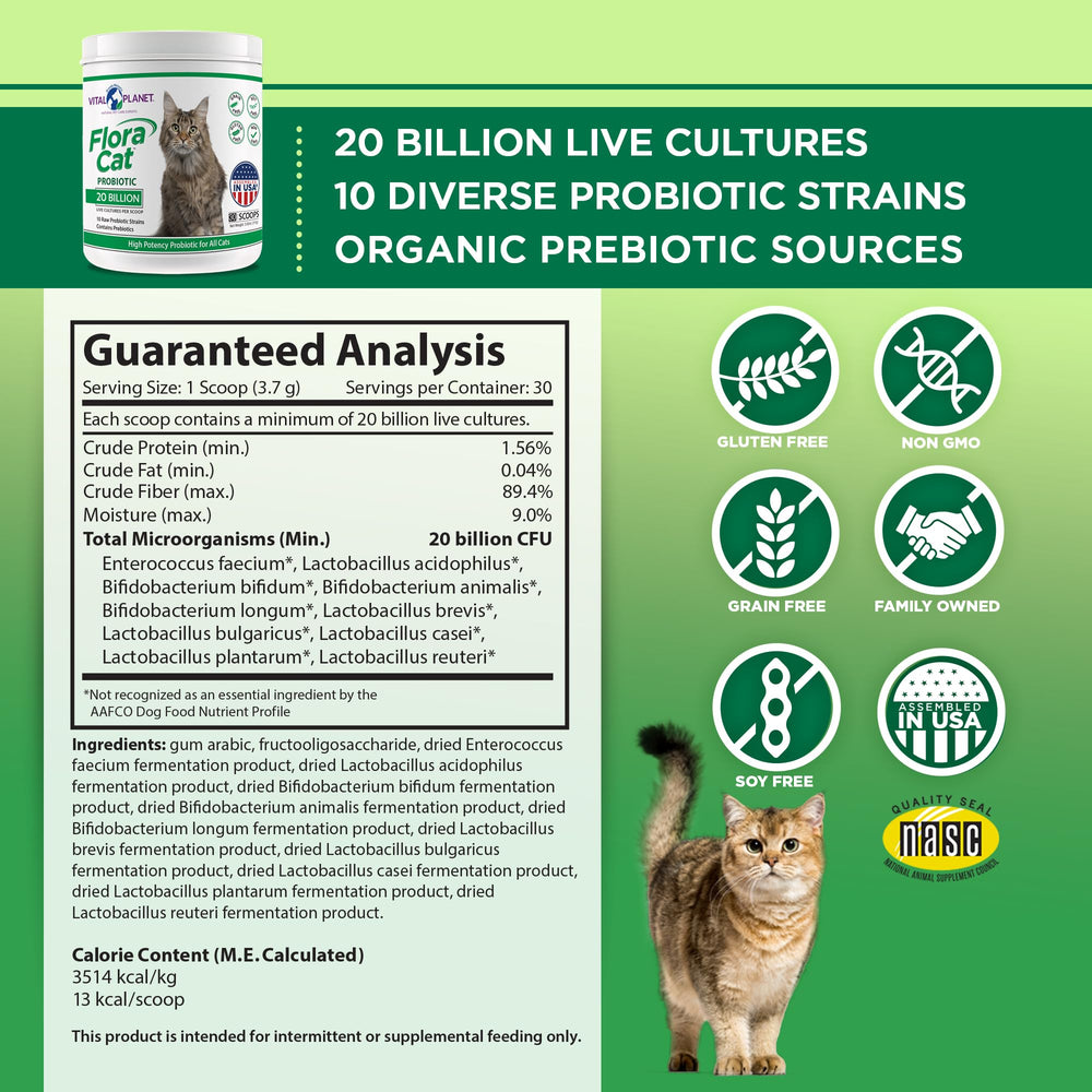 Vital Planet Flora Cat probiotic powder being poured into cat food supports digestion.