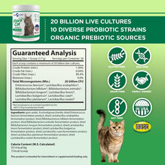 Vital Planet Flora Cat probiotic powder being poured into cat food supports digestion.