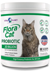 Vital Planet Flora Cat probiotic tub with scoop promotes daily feline gut support.