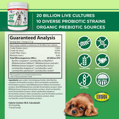Vital Planet Flora Dog powder sprinkle on food illustrates convenient digestive support for dogs.
