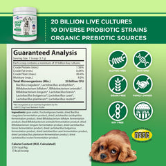 Vital Planet Flora Dog probiotic powder being sprinkled on dog food for daily gut support.