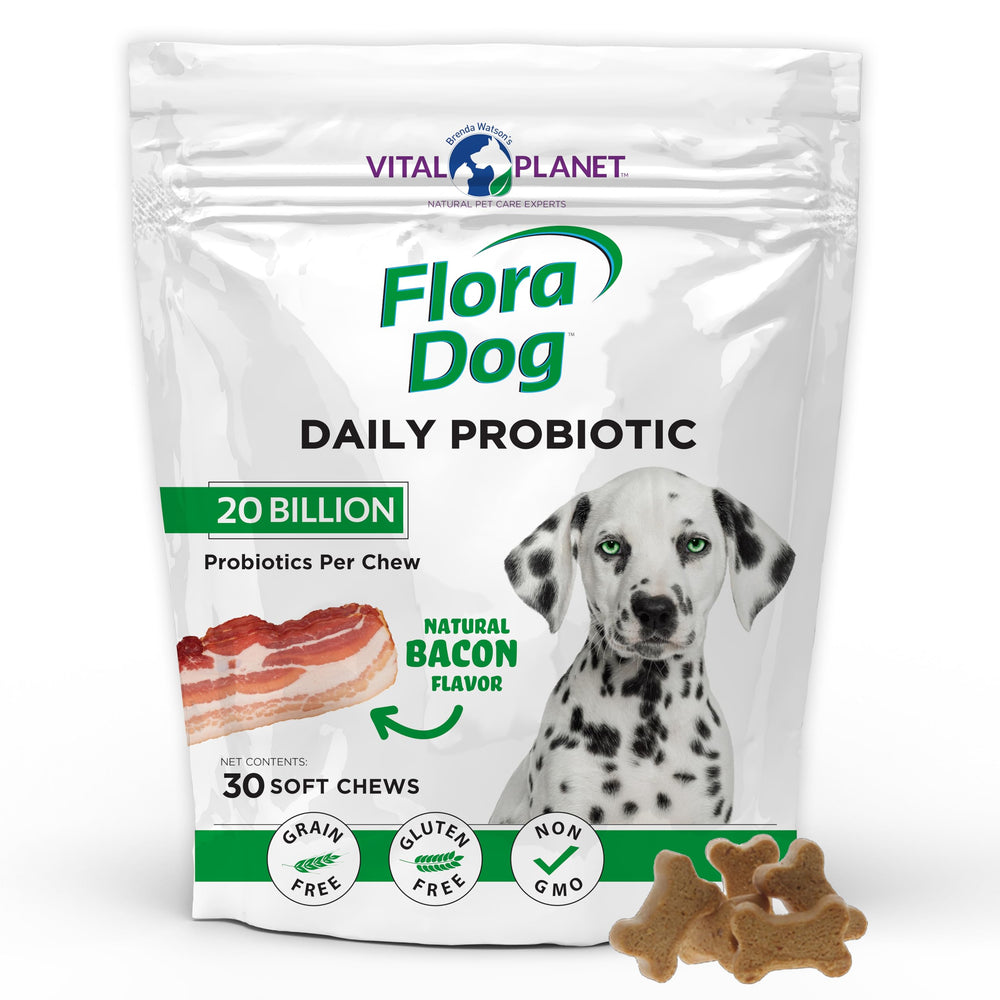 Vital Planet Flora Dog Probiotics soft chews bacon bottle supports daily digestion