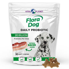 Vital Planet Flora Dog Probiotics soft chews bacon bottle supports daily digestion