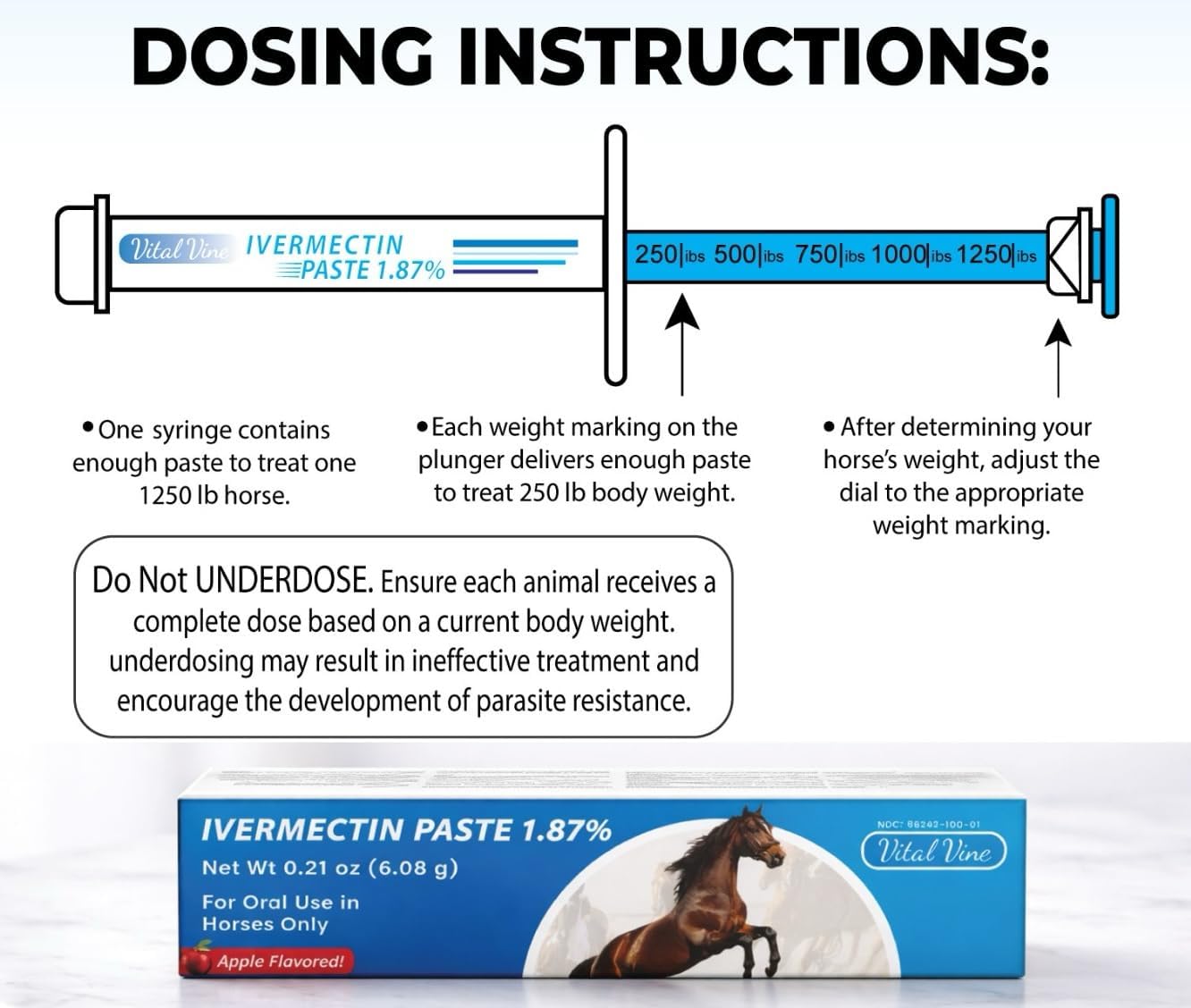 Vital Vine dosage poids – adaptée pour chevaux jusqu’à 1250 livres.