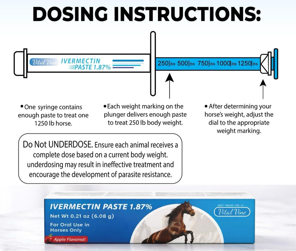 Vital Vine dosage poids – adaptée pour chevaux jusqu’à 1250 livres.
