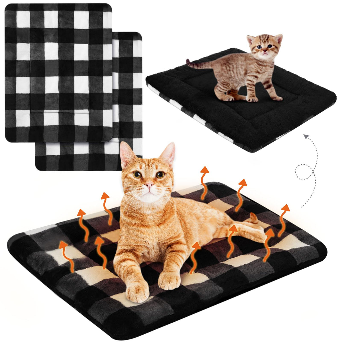 VitalCozy self-warming cat pad on plaid surface provides cozy warmth for indoor cats.