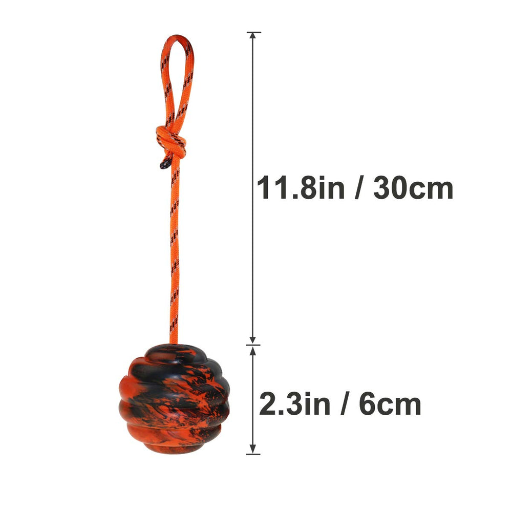 Vitalili dog training ball on rope side view highlights durable rubber and nylon construction.