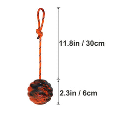 Vitalili dog training ball on rope side view highlights durable rubber and nylon construction.