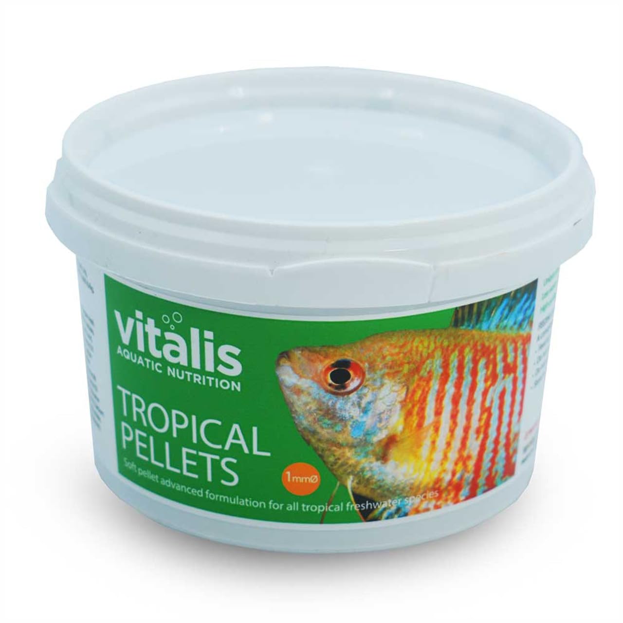 Vitalis Tropical Freshwater Pellets packaging highlighting premium ingredients for color and health.