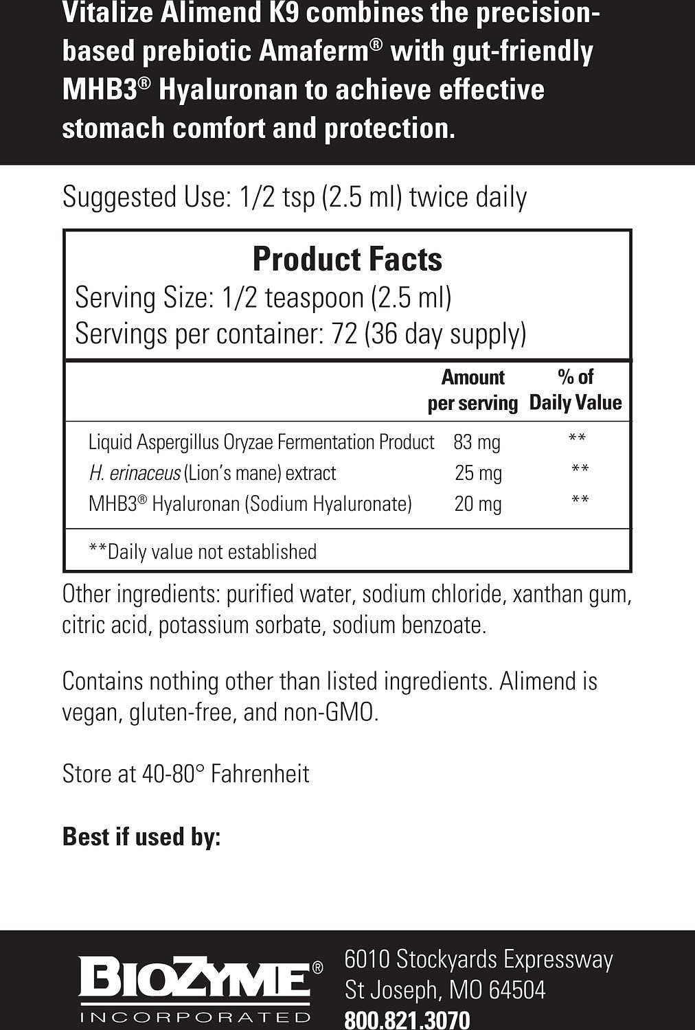 Vitalize Alimend K9 bottle beside food bowl signals routine digestive care.
