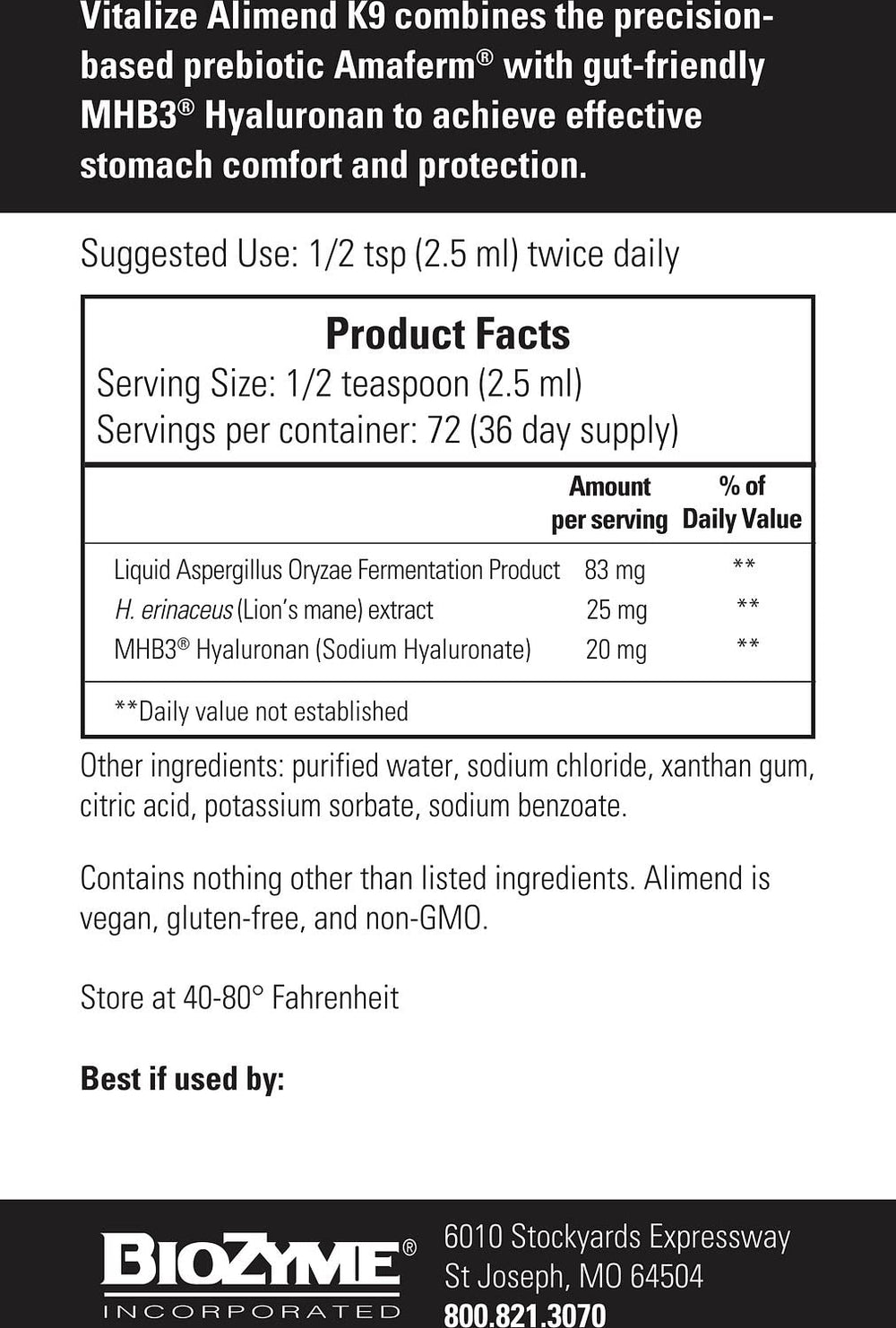 Vitalize Alimend K9 bottle beside food bowl signals routine digestive care.