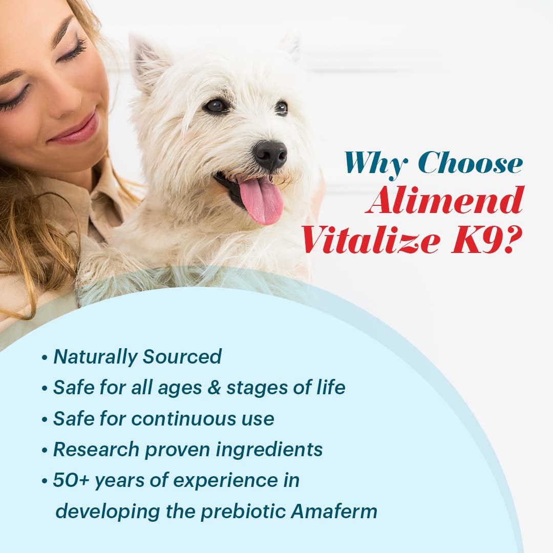 Vitalize Alimend K9 ingredients panel highlights patented components for gastric health.