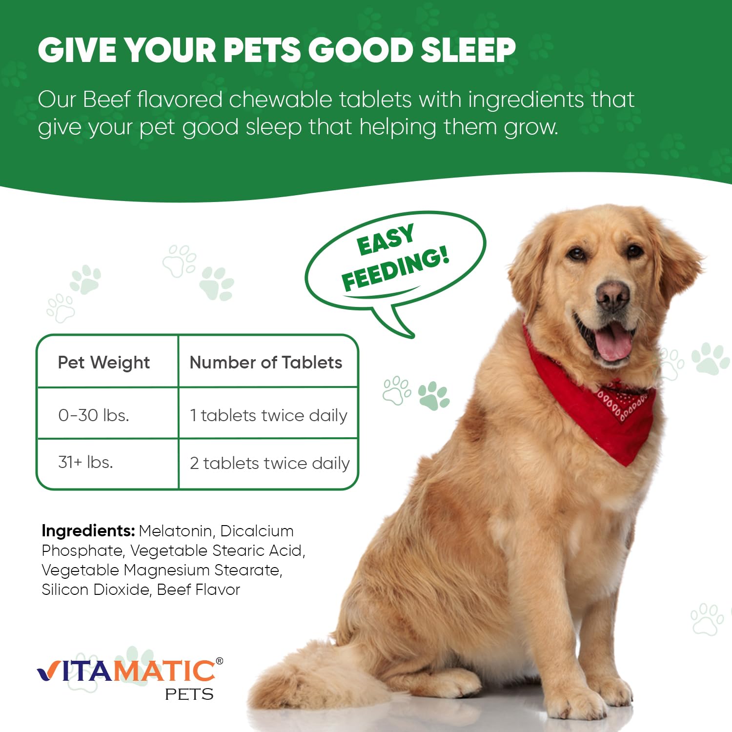 Vitamatic Melatonin for Dogs sleep aid image demonstrates paw-sized chew promoting restful nights.