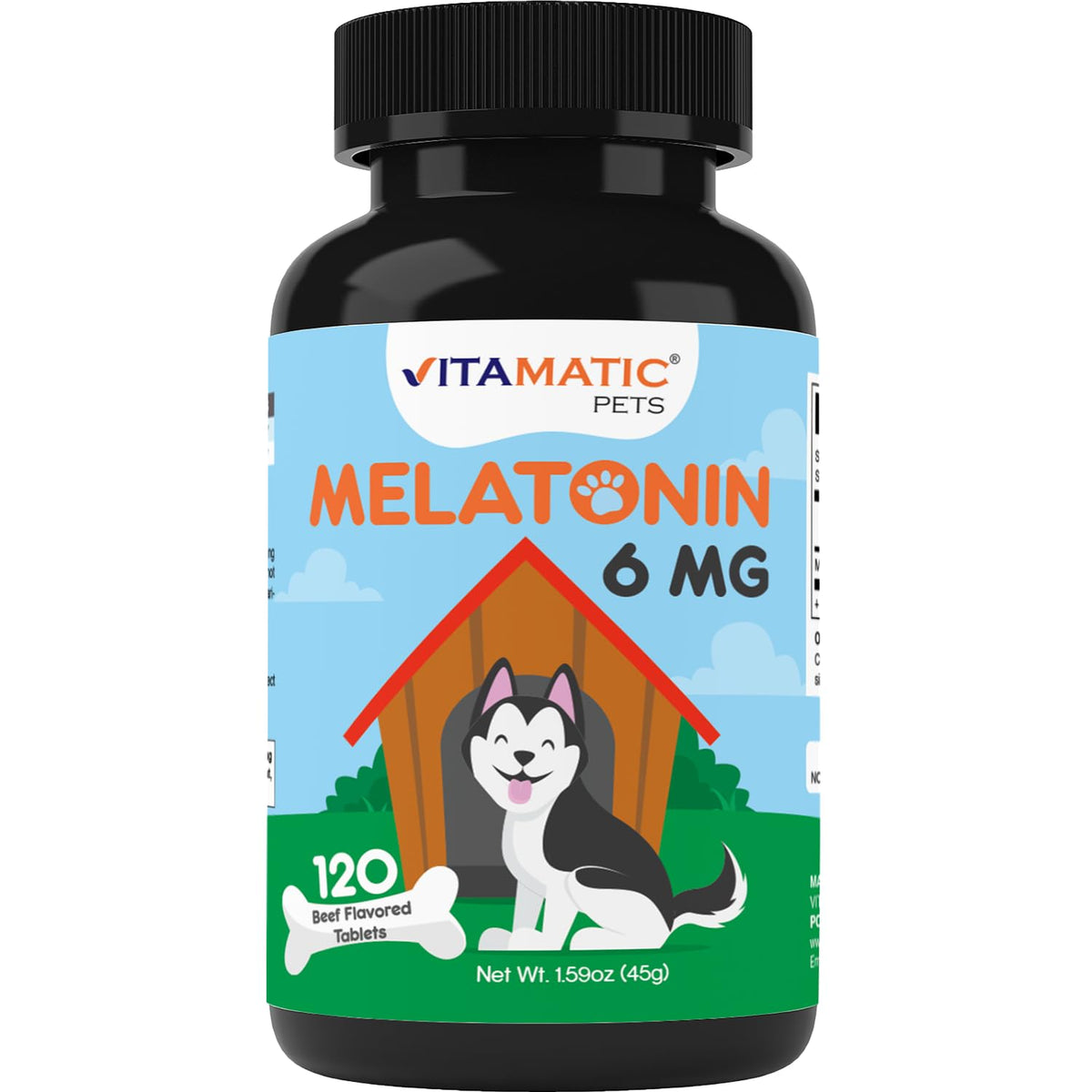 Vitamatic Melatonin for Dogs beef chew image shows tasty flavor aiding gentle relaxation.