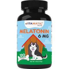 Vitamatic Melatonin for Dogs beef chew image shows tasty flavor aiding gentle relaxation.