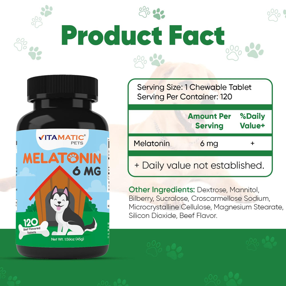 Vitamatic Melatonin for Dogs beef chews collection highlights easy calming treats
