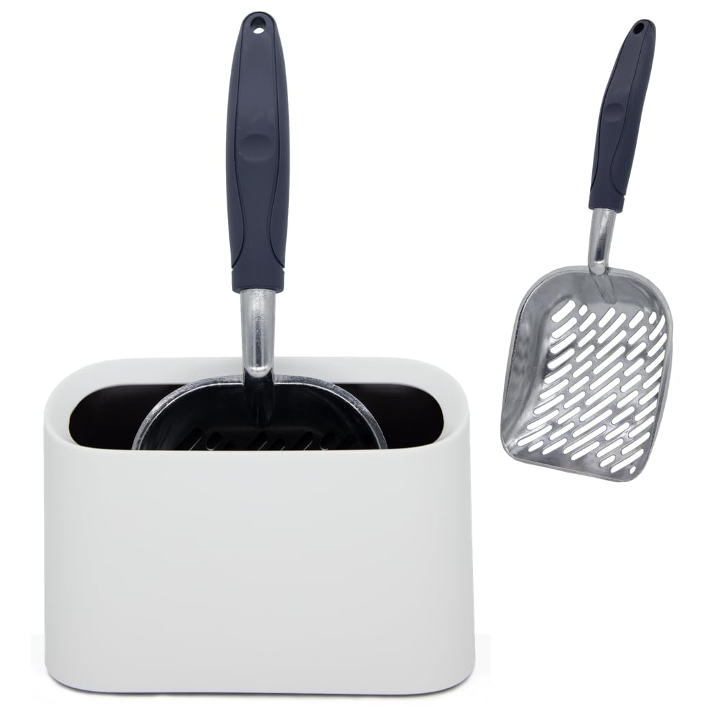 Vitisyao heavy-duty aluminum cat litter scoop with holder white front view for easy storage