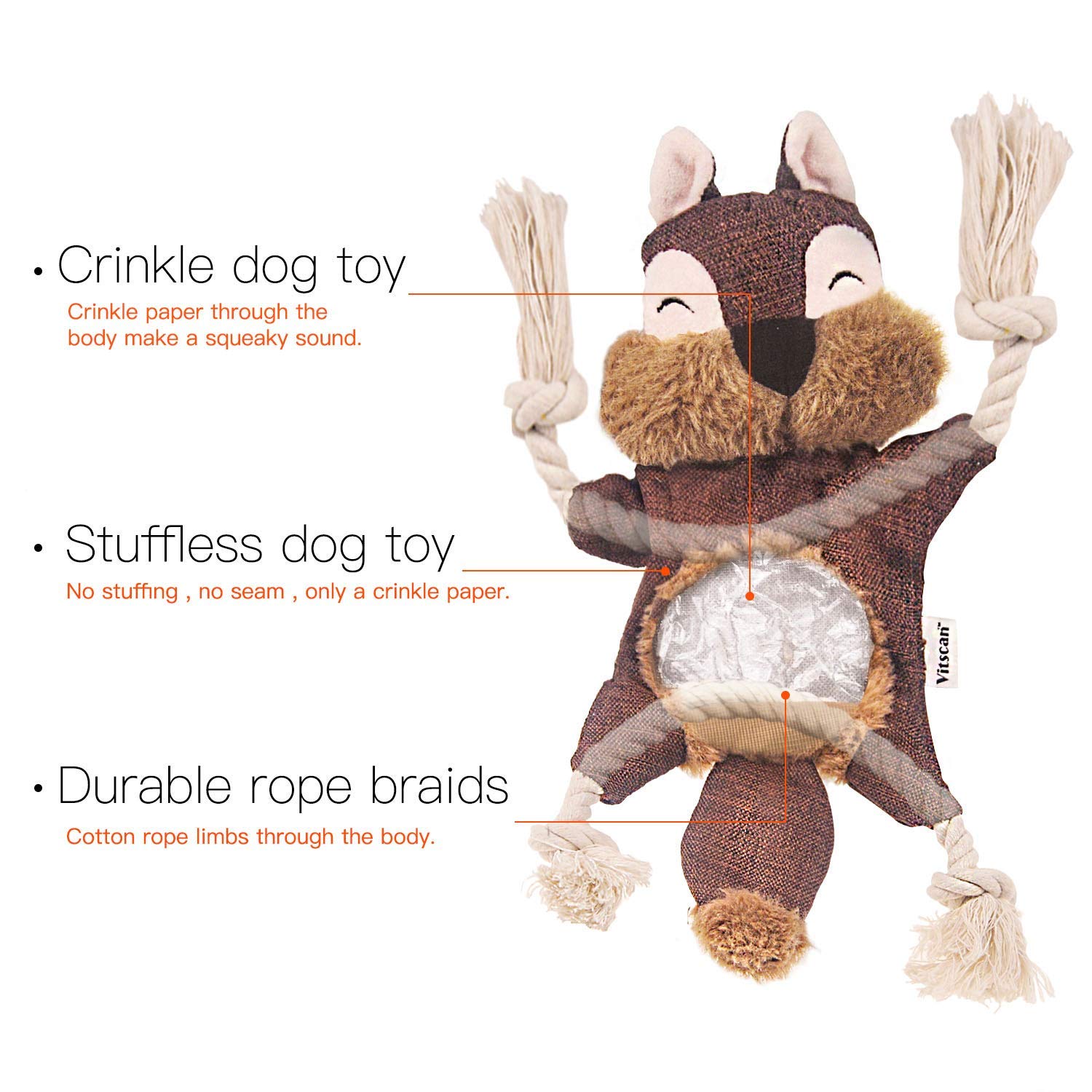 Vitscan Crinkle Squirrel body stuffing-free design for safer puppy fun