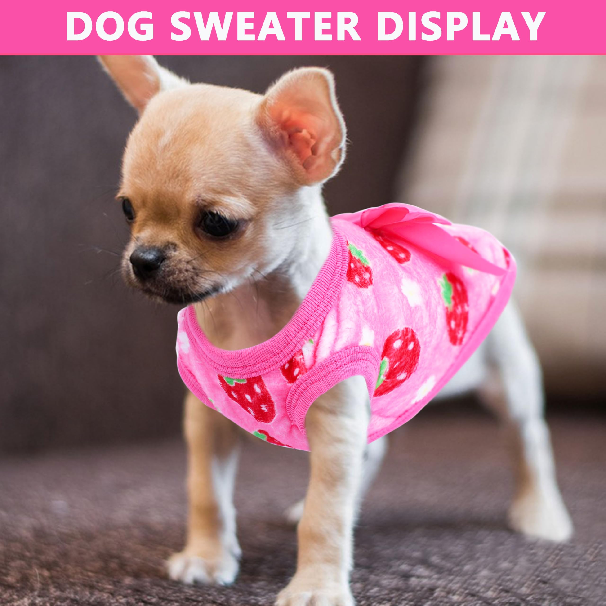 Viunimo strawberry XXS dog sweater pattern closeup shows soft fleece lining
