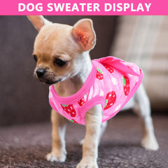 Viunimo strawberry XXS dog sweater pattern closeup shows soft fleece lining