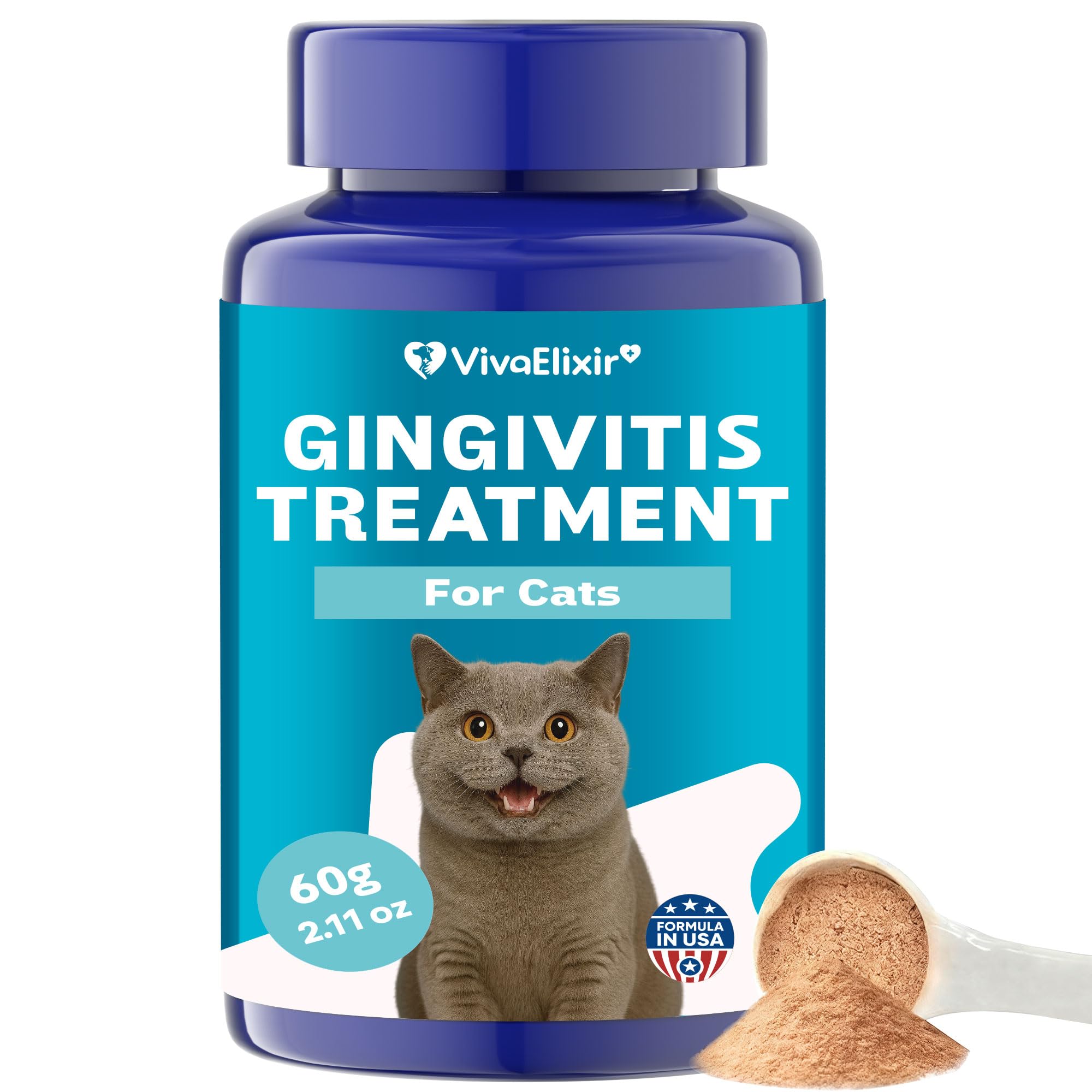 VivaElixir cat dental care powder tub—gentle gingivitis support for healthy gums.