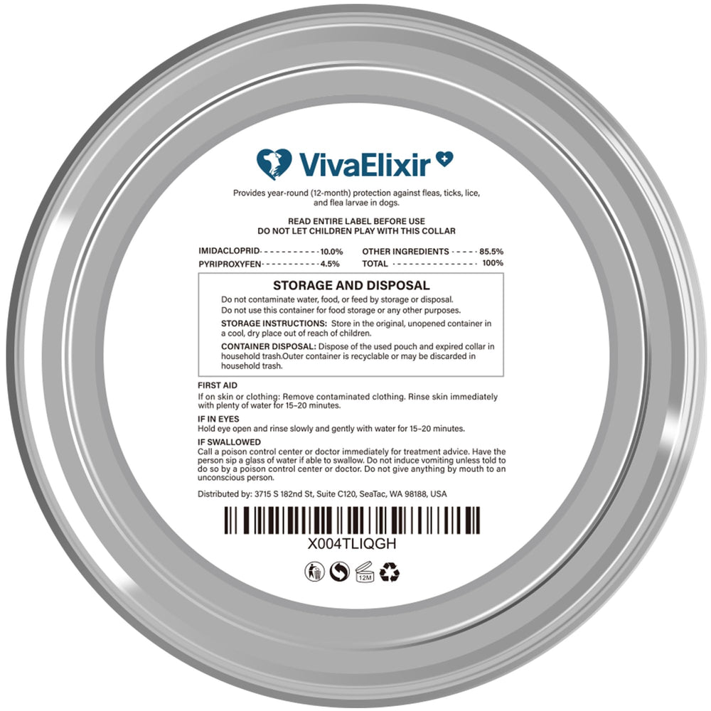 VivaElixir flea collar near a beach scene, travel-friendly flea prevention.