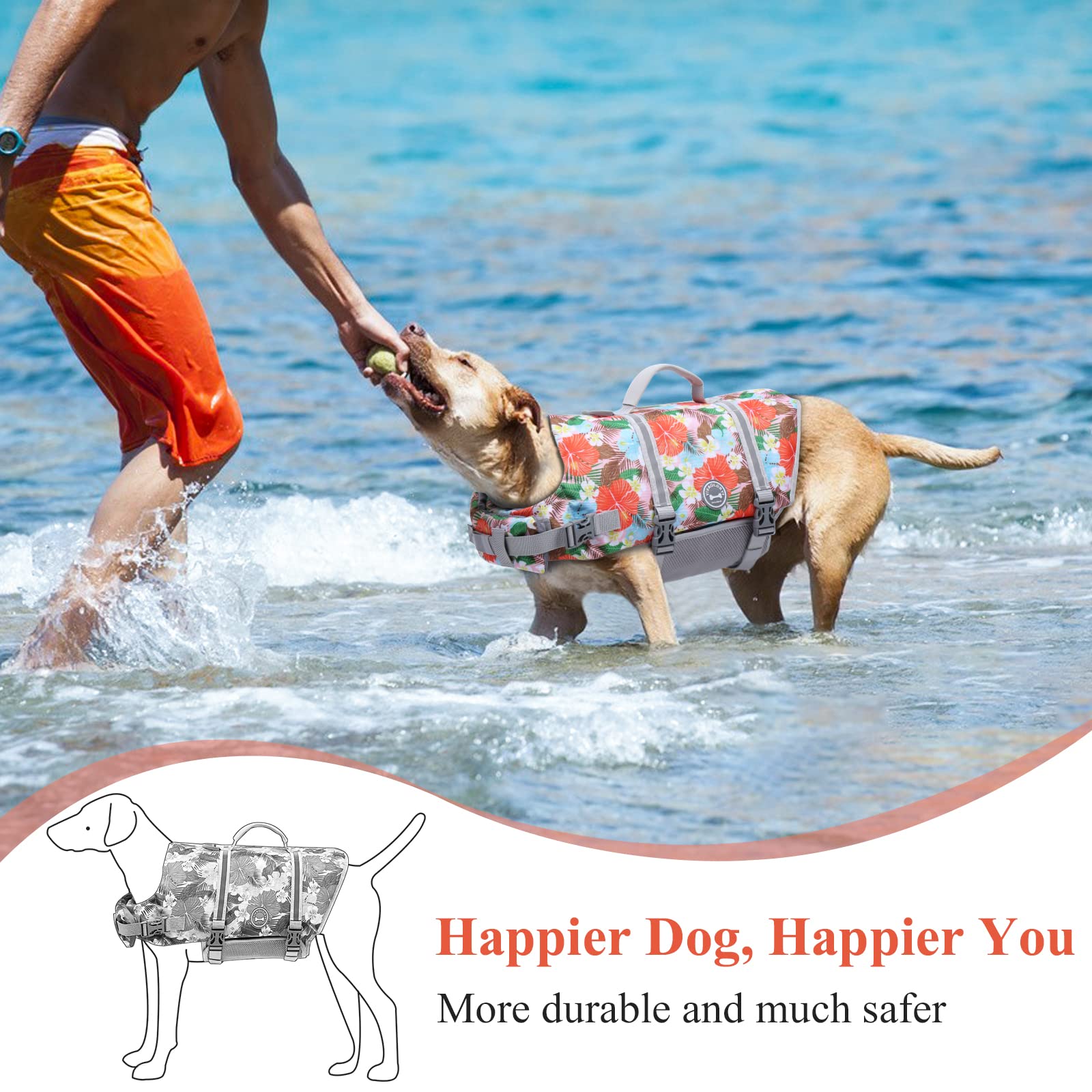 VIVAGLORY Rip Stop Dog Life Vest reflective trim view improves low-light visibility.