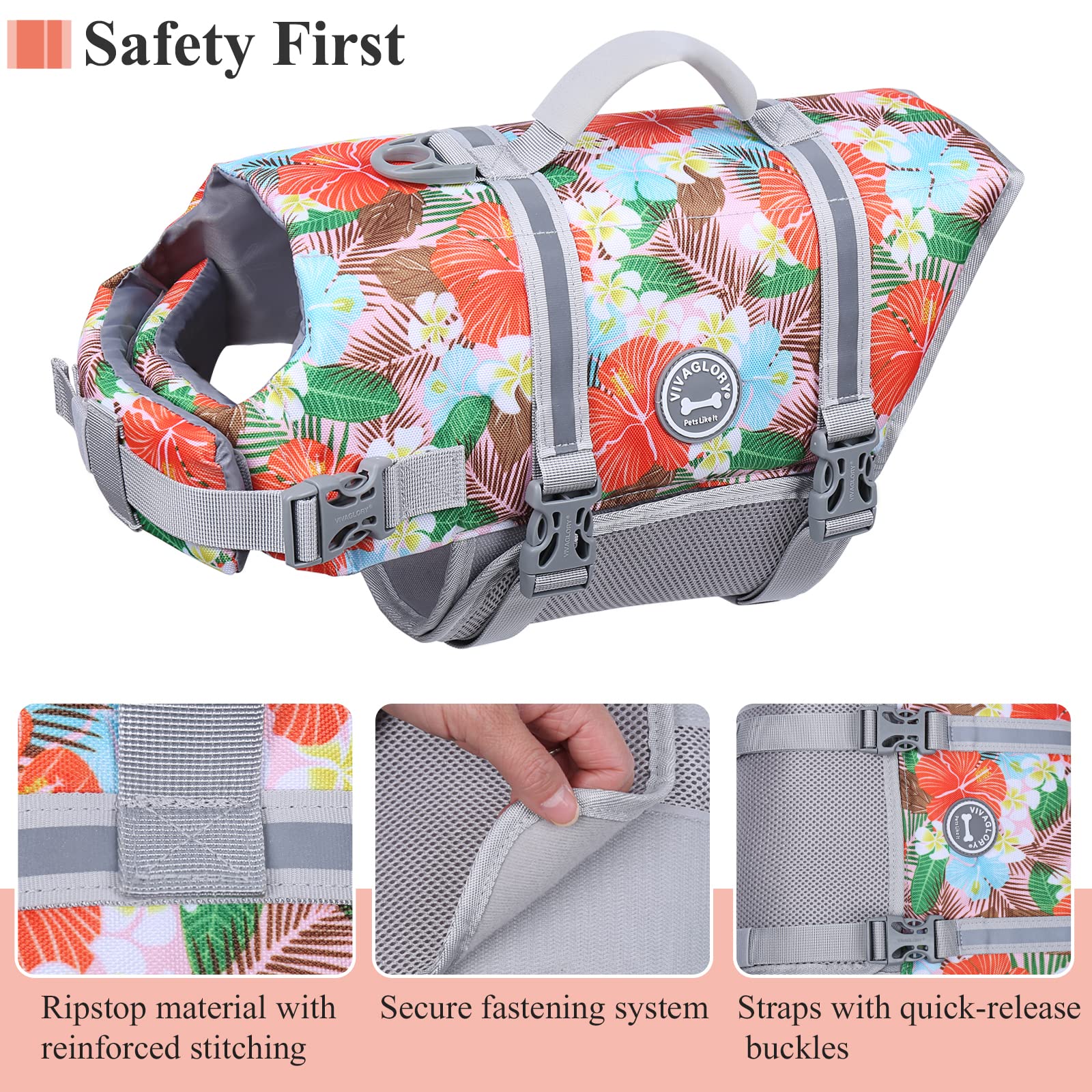 VIVAGLORY Rip Stop Dog Life Vest size chart helps pick the right fit.