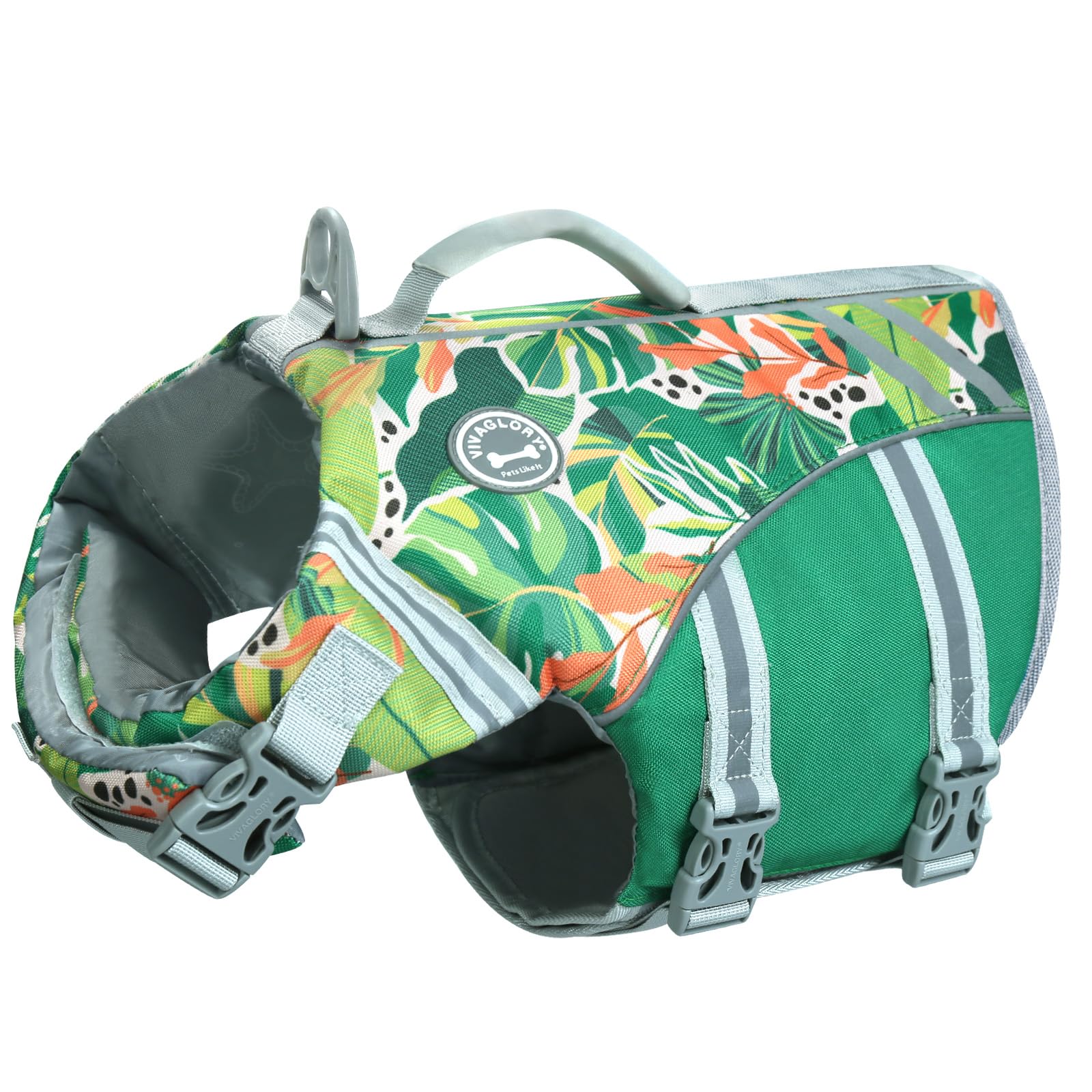 VIVAGLORY sports style dog life vest front view with freedom of movement.