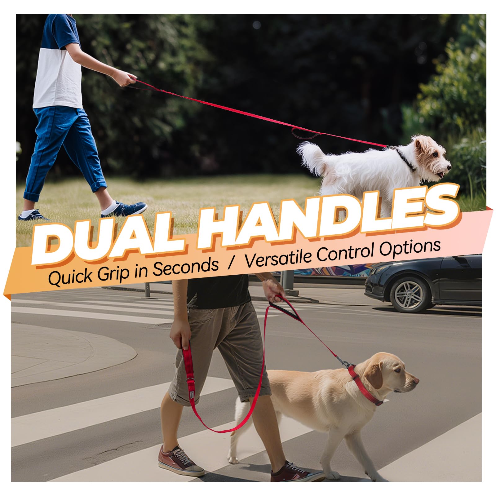 VIVAGLORY Twingrip leash padded-handles for a comfy grip on long strolls.