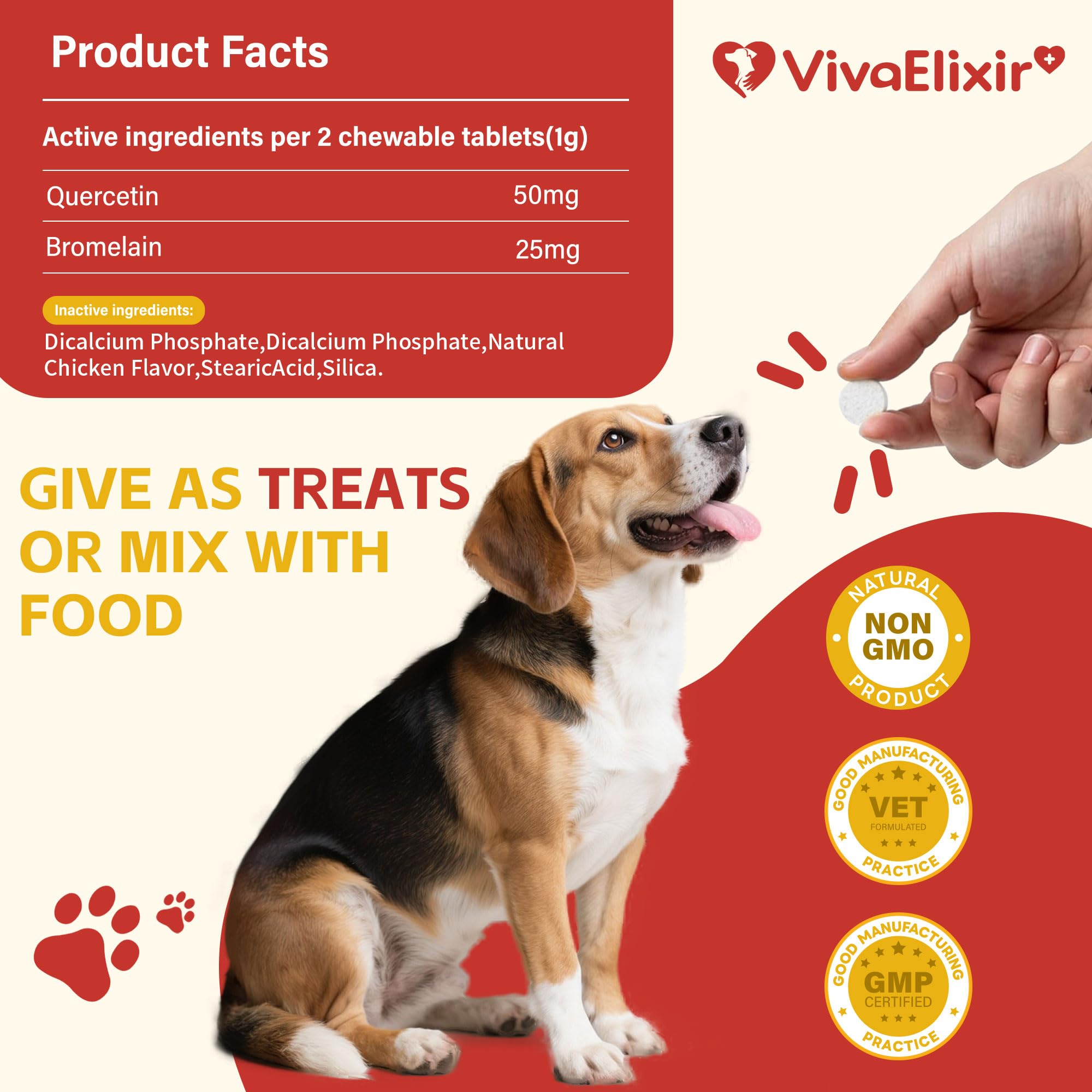 VivaElixir dog-quercetin-bromelain-tablets label highlights no fillers and veterinary-grade potency.