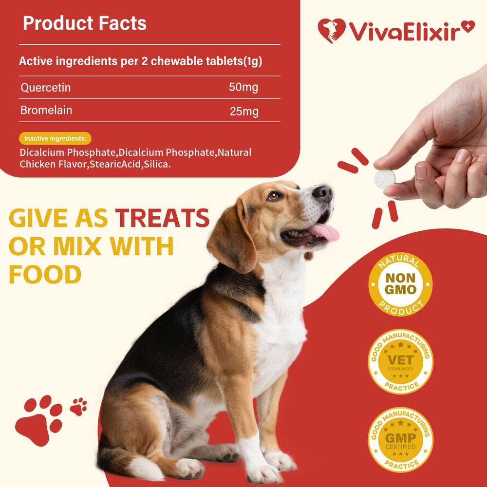 VivaElixir dog-quercetin-bromelain-tablets label highlights no fillers and veterinary-grade potency.