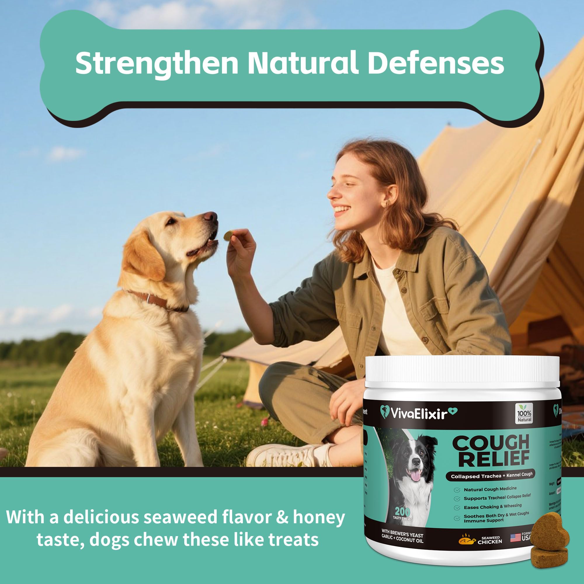 VivaElixir dog taking chew demonstrates convenient at-home cough relief.