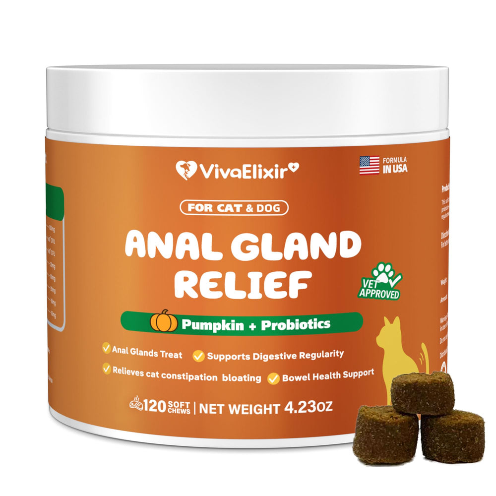 VivaElixir Constipated Cat soft chews bag label highlighting pumpkin and probiotic blend for digestive support