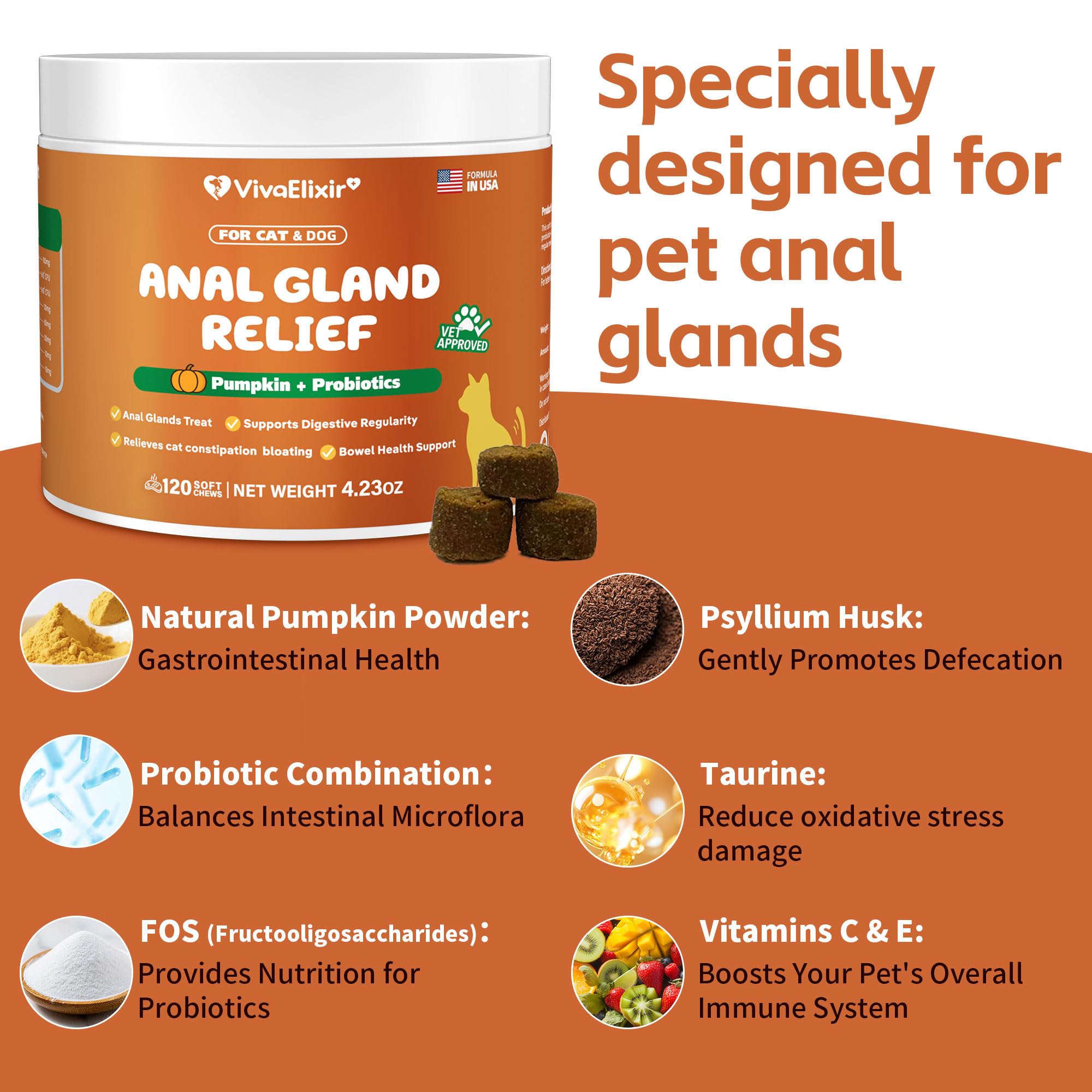 VivaElixir bottle of constipated cat chews with texture details suggesting stool support