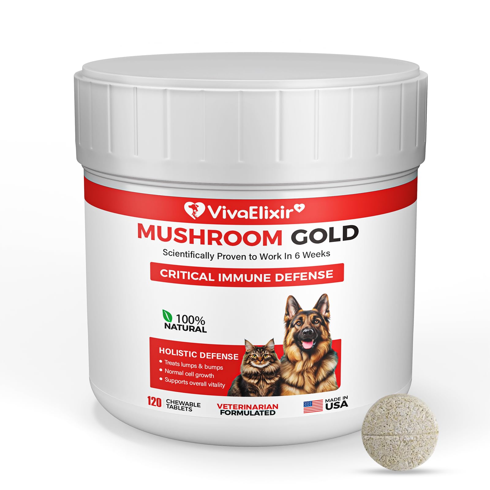 VivaElixir turkey tail dog tablet in bottle for immune support and everyday care.