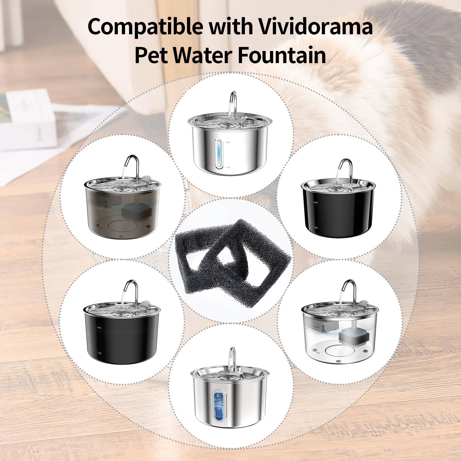 VIVIDORAMA eight-pack sponge filters shown, ready for easy fountain maintenance and cleaner water.
