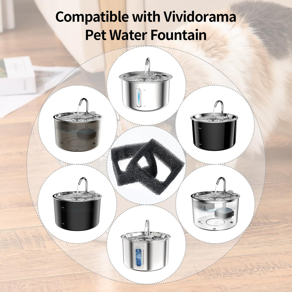 VIVIDORAMA eight-pack sponge filters shown, ready for easy fountain maintenance and cleaner water.