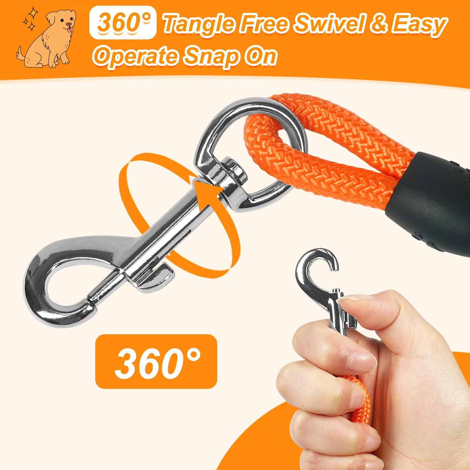 Vivifying 360 rotating clasp leash in action demonstrates durable attachment and freedom of movement.