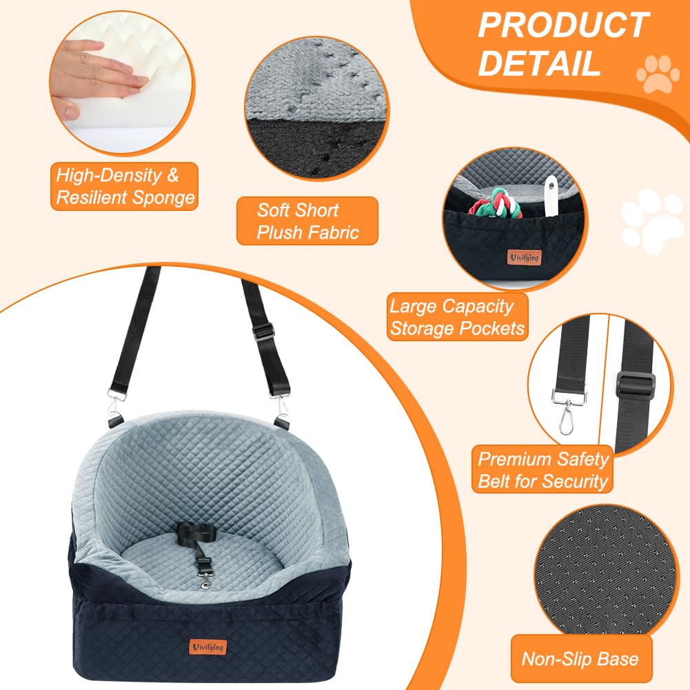 Vivifying dog car seat installed on a car seat shows front-seat setup with safety belt attachment.