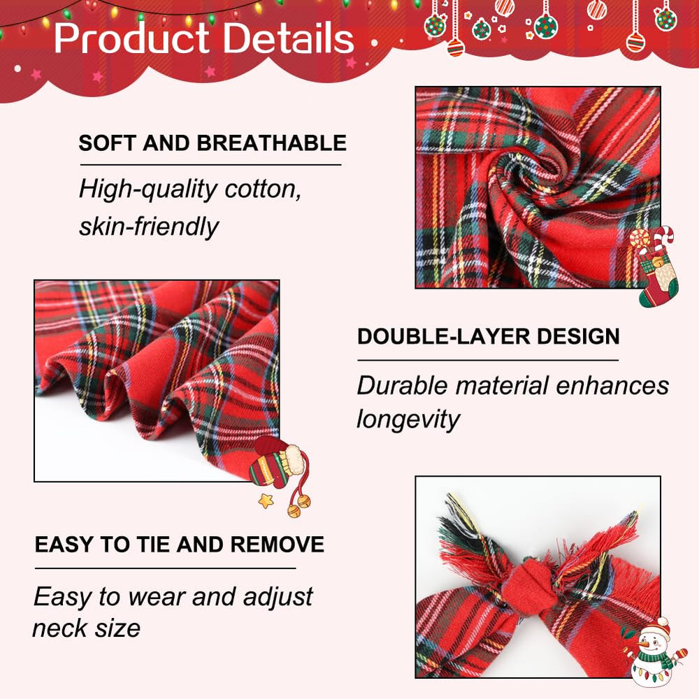 Vivifying dog Christmas bandana green plaid, flat lay shows durable double-layer design for lasting wear.