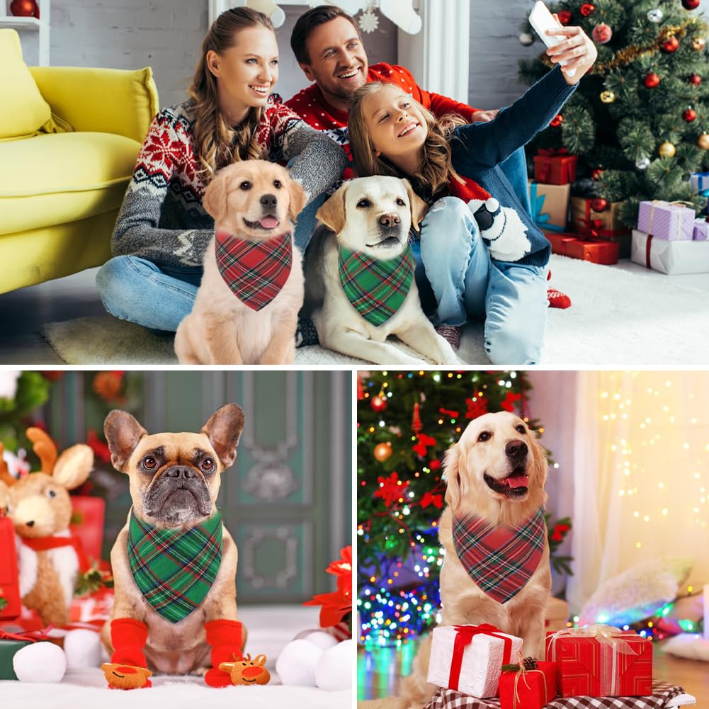Vivifying dog christmas bandana two-pack red and green plaid set for holidays.