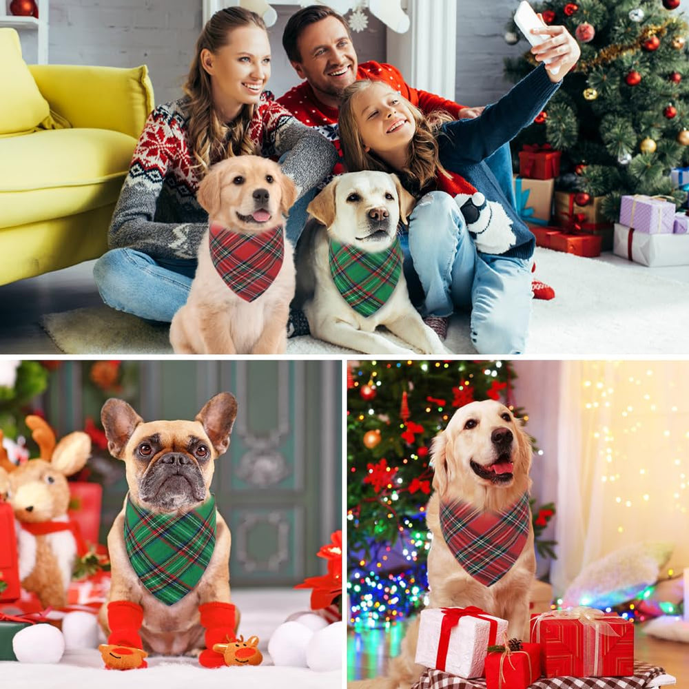 Vivifying dog christmas bandana two-pack red and green plaid set for holidays.